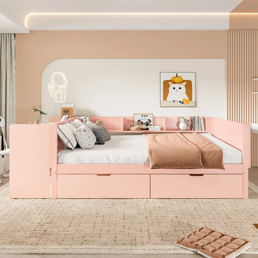 Flachbett, Holzbett, 140x200cm, mit Schreibtisch, Regalen und 2 Schubladen, Doppelbett, Kiefer + Spanplatte, Rosa, Ohne Matratze