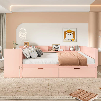 Flachbett, Holzbett, 140x200cm, mit Schreibtisch, Regalen und 2 Schubladen, Doppelbett, Kiefer + Spanplatte, Rosa, Ohne Matratze