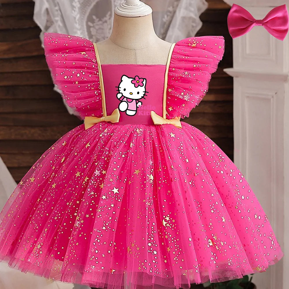 Hello Kitty Prinzessinnenkleid für Mädchen, Pailletten, Stern, Rüschen, Schleife, Tutu-Kleid, Baby, formelles Gala-Abschlussballkleid, Kinder-Abendparty-Kostüm