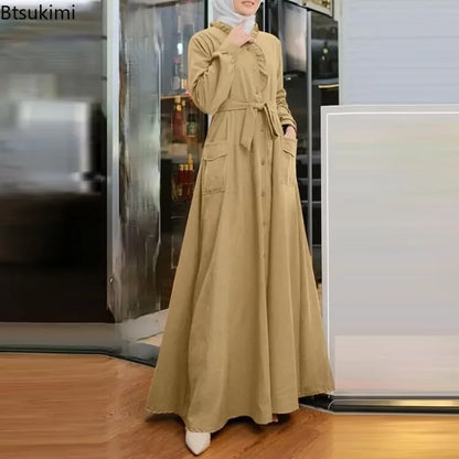 2025 Fashion Arab Style Lace-up Maxi Dress for Women Muslim Abaya Vintage Plain Long Dresses Hijab Islamic Robe Elegante Femme.