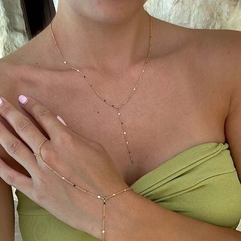 Fashion Gold Color Y-Shaped Tassel Pendant Necklace Bracelet For Women Simple Metal Long Flat Chain Necklace Jewelry Gift.