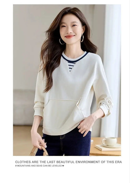 Apricot Round Neck Patch Long Sleeve Sweatshirt Women Loose Comfort Casual Design Fashion Top.