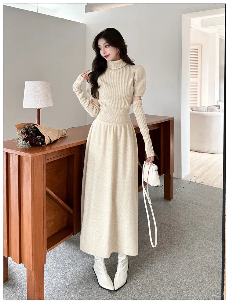 VigoAnne Spring Autumn 2025 Turtleneck Knit Woman 2 Piece Set Casual Solid High Waist Skirts Suits Korean Lady Long Dress Suit.