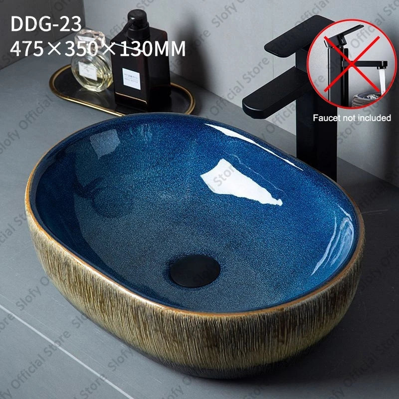 Vintage Elegant Countertop Washbasin Classic Blue Art Hotel Ceramic Basins Sink Multiple Styles Outdoor Balcony Bathroom Sinks