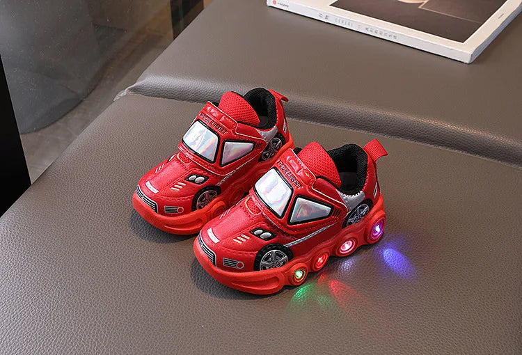 Diseny Kids'Casual Shoes Led Light Car Club Cartoon PU Leather Spring Shoes For Children Anti-slip Red Blue Shoes Size 21-30.