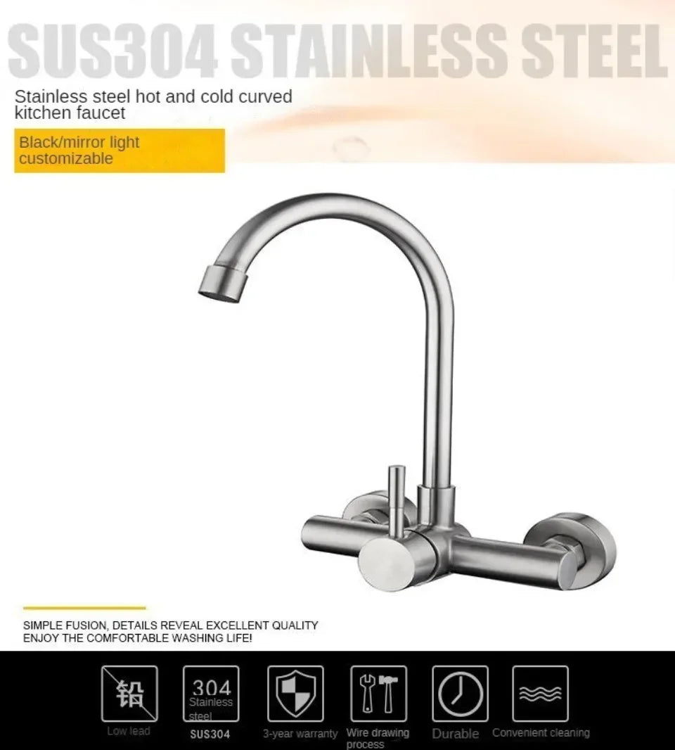Kitchen Faucet Sprayer Stainless Steel Double Hole Wall Mount Cold and Hot Faucet Balcony Rotating Torneiras De Cozinha Batidora