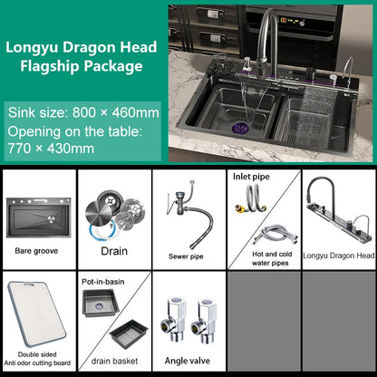 Küchenspüle aus Edelstahl mit Wasserfall, Einzelschüssel, Digitalanzeige, extra großer Schlitz, multifunktionale Waschbecken