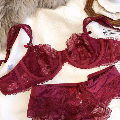 MOYISU French Romantic Ultra-thin Lace Sexy Transparent Gathering Big Breasts Show Small Underwire Bra Cover Underwear Set Women.