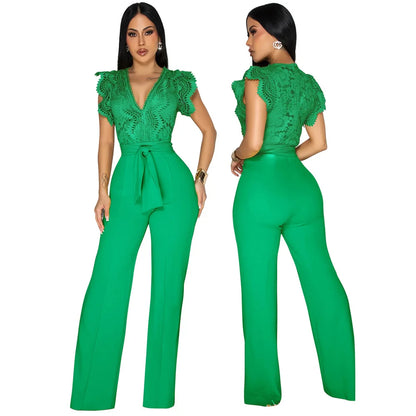 Summer Fashion Lace High Waisted Jumpsuit Women Elegant OL Lace Sleeveless Waistband Straight Jumpsuit Women