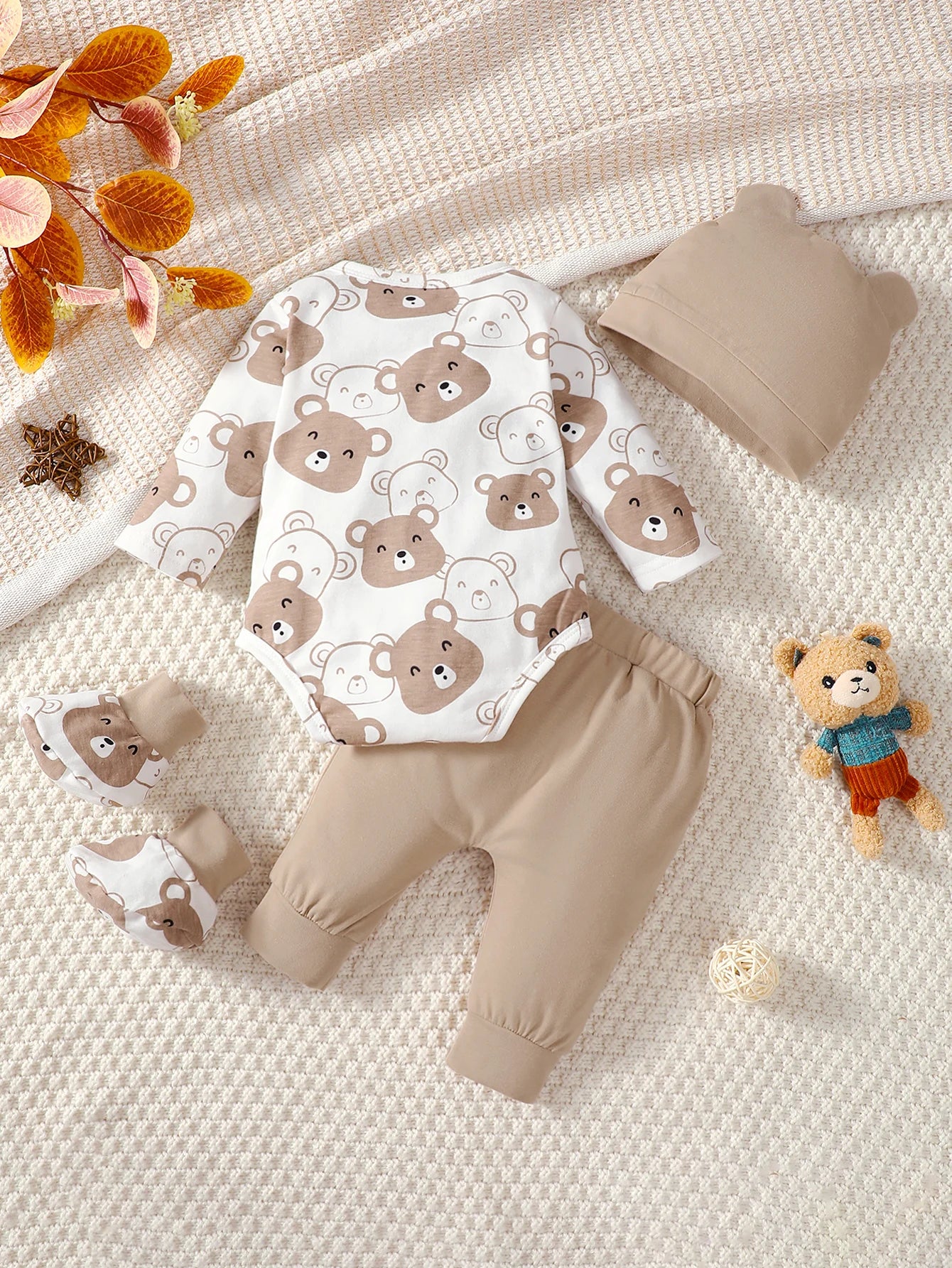 0-9 Months Baby Boy Set Little Bear Long Sleeve Bodysuit+Pants+Hat+Socks 4pcs/Set Baby Spring Autumn clothing Newborn set.