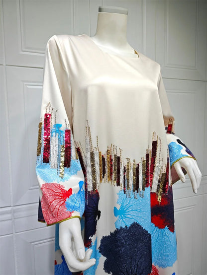 Siskakia Arab Saudi Printing Sequins Long Dresses Galabia Muslim Eid Women Abayas Islam Clothing Turkish African Kebaya 2024 New