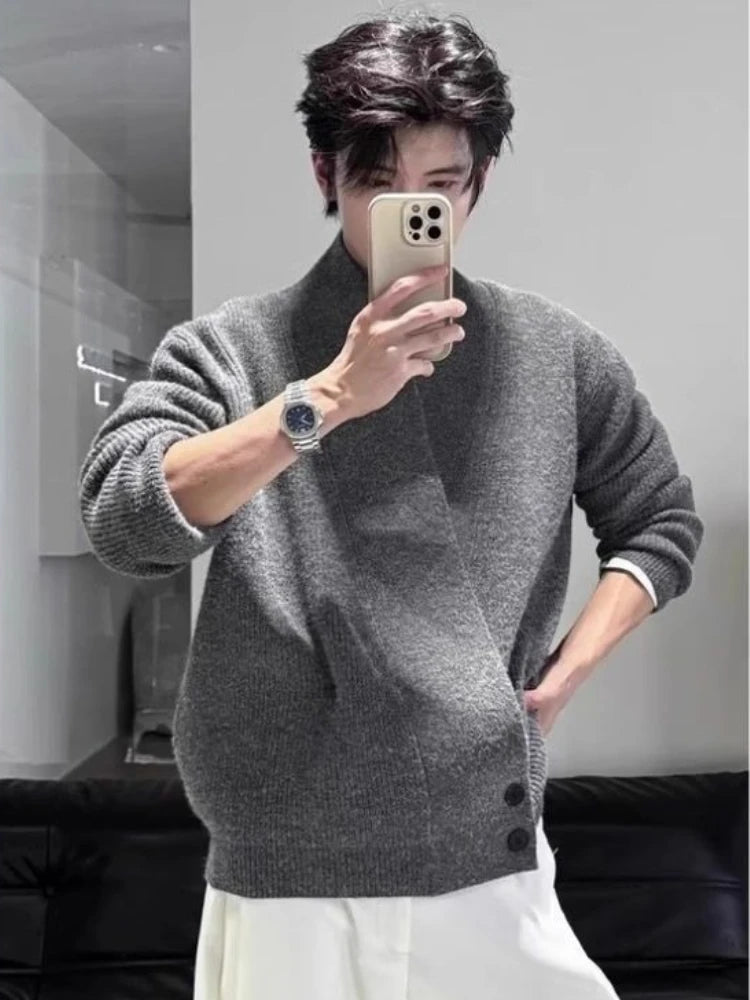 Men's Clean Fit Loose Knit Cardigan - Autumn Winter Ash Gray Relaxed Fit Dao-Style Sweater, Cozy Oversized Outerwear.