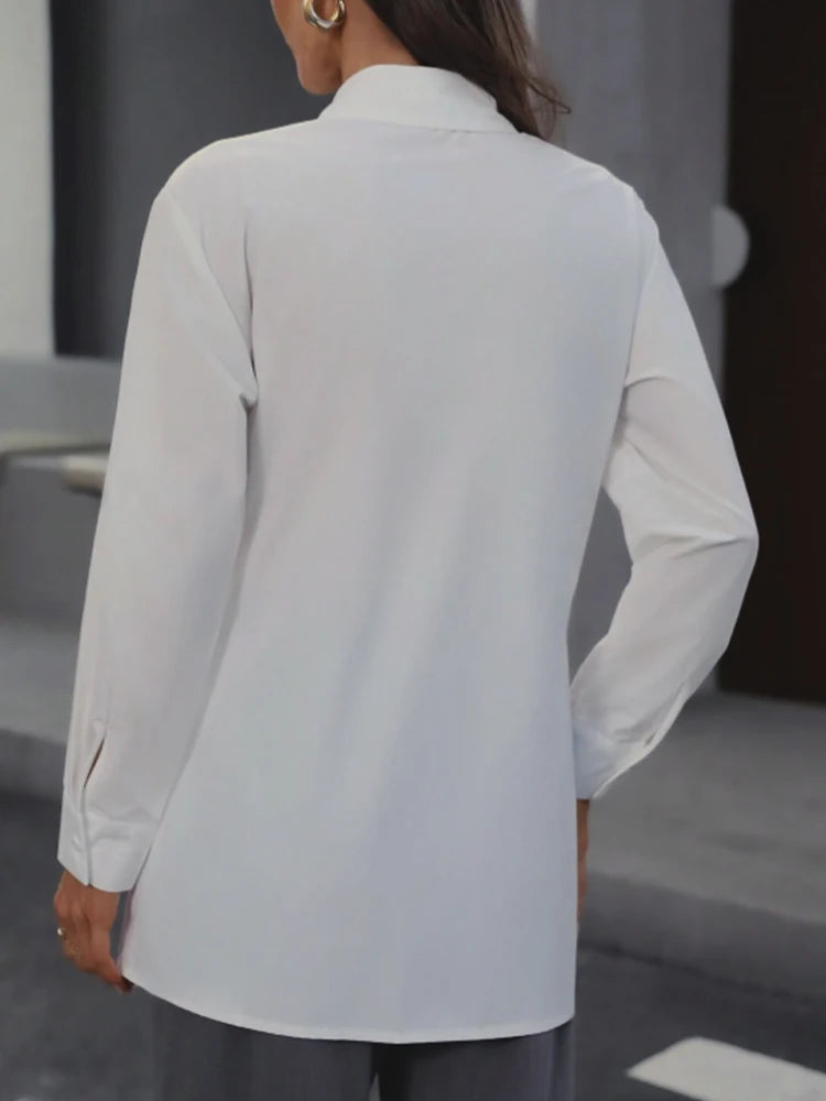 Women's Classic Collar Button-Up Long Sleeve Shirt with Waist-Cinching Belt Elegant Retro Style Adjustable Fit.