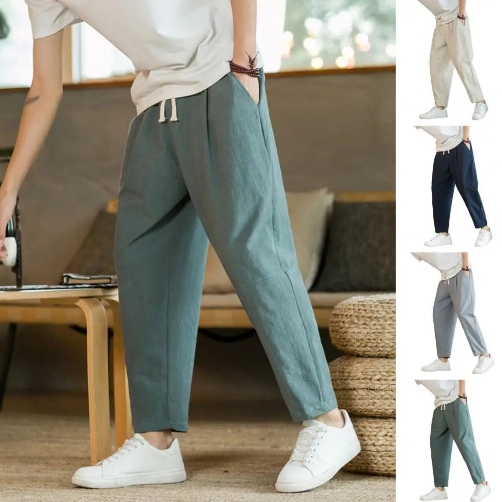 Men Cropped Trousers Men Casual Pants Men's Loose Straight Drawstring Ninth Pants with Elastic Waist Pockets Solid for Daily.