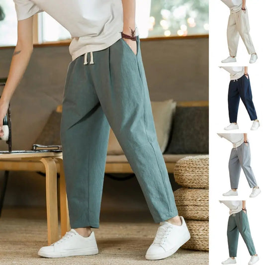 Men Cropped Trousers Men Casual Pants Men's Loose Straight Drawstring Ninth Pants with Elastic Waist Pockets Solid for Daily.