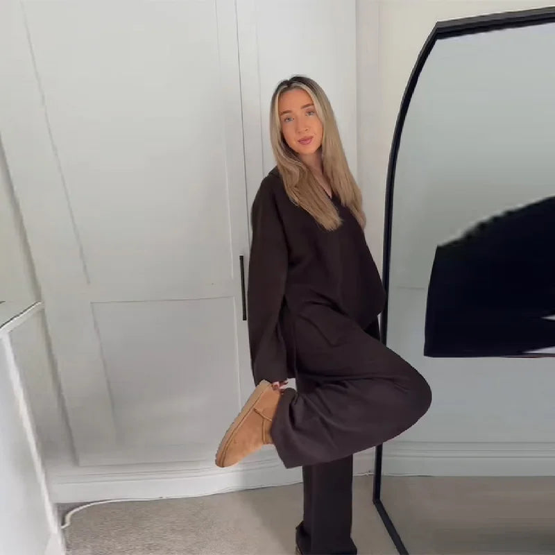 Casual Simple Loose Sweater Trousers Set Solid Color Retro Versatile Comfortable Streetwear Top Pants Commuting Women's Outfit.