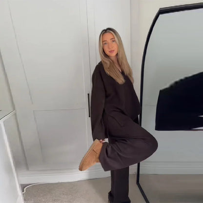 Casual Simple Loose Sweater Trousers Set Solid Color Retro Versatile Comfortable Streetwear Top Pants Commuting Women's Outfit.