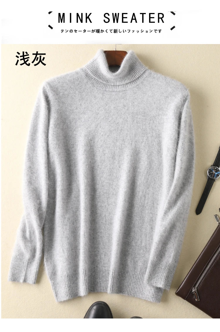 Men's 100% pure Mink Knitted Sweater Turtleneck Large Size Casual Pullover Autumn Winter New Base Shirt Men Warm High Lapels Top.