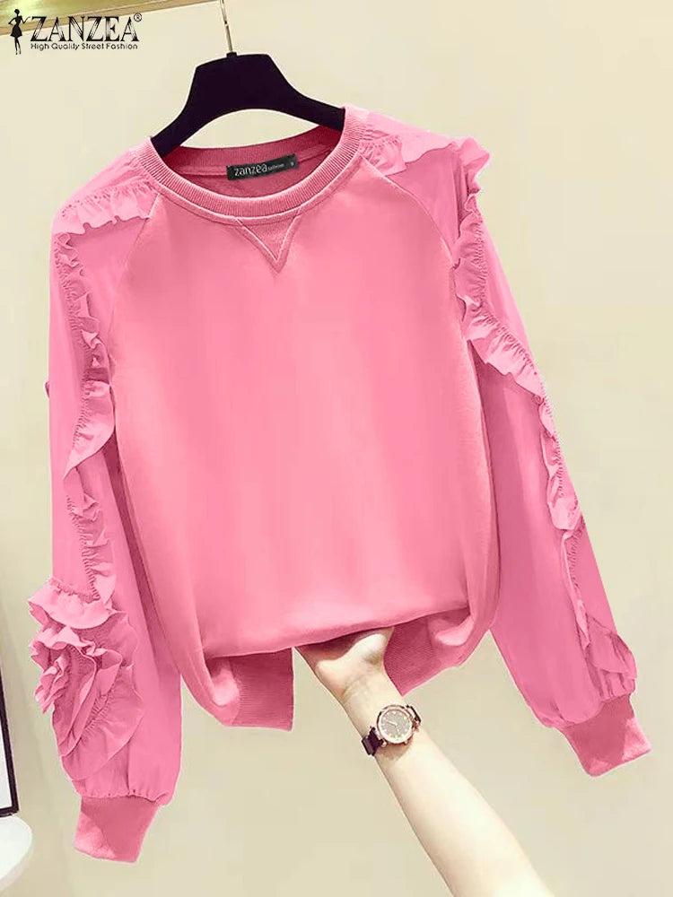 ZANZEA Plus Größe Frauen Solide Sweatshirts Herbst Rüschen Nähte Tops Vintage Oansatz Lässige Mode Lange Puff Sleeve Pullover