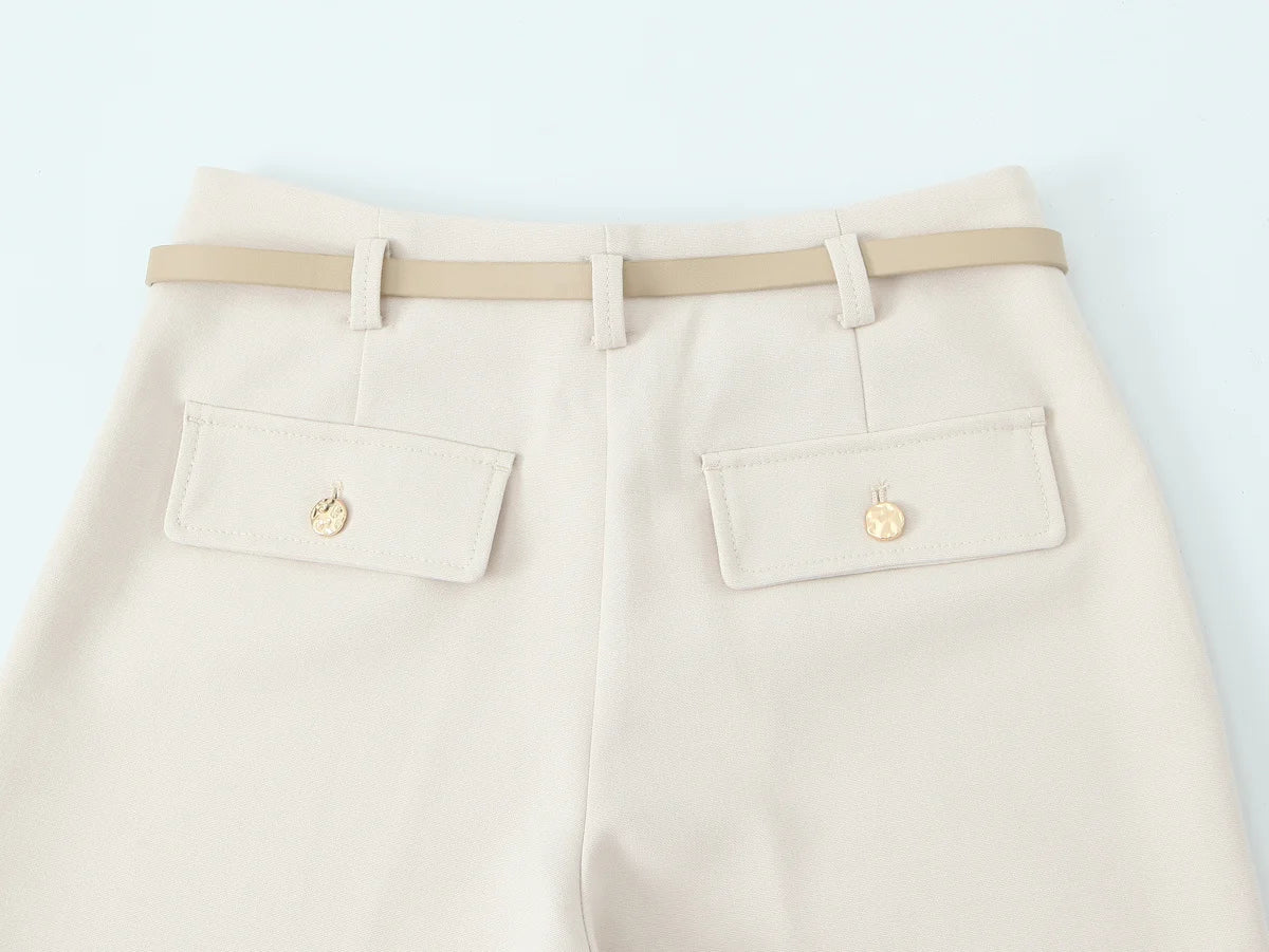 HH Women Solid Pant Set Long Sleeve O-Neck Double-Breasted Blazers+High Waist Chain Matching Side Zipper Trousers Sets