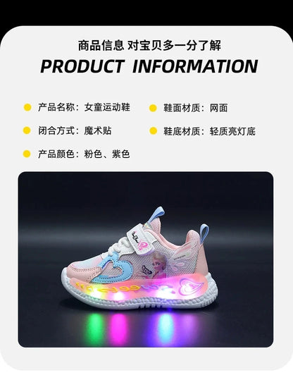 Disney Children Led Shoes Kids Girls Sneakers Frozen Elsa Princess Lighting Shoes Pink Purple Casual Sports Shoes Size 21-31.