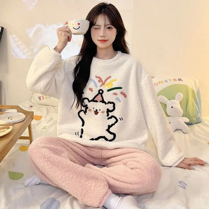 Kawaii Hello Kitty Pajamas Girl Sanrio Long-Sleeved Loungewear Sweet Young Student Girl  Warm Home Clothes Sleepwear Set