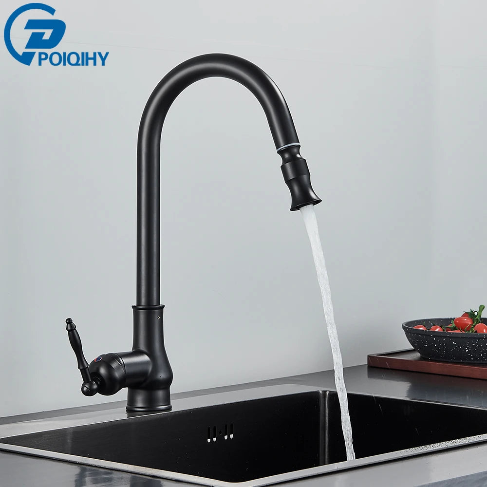 POIQIHY Antique Brass Kitchen Faucet Pull Out Bathroom Kitchen Mixers Single Handle Pull Down Cold Hot Water Tap Deck Mounted