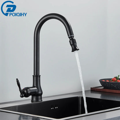 POIQIHY Antique Brass Kitchen Faucet Pull Out Bathroom Kitchen Mixers Single Handle Pull Down Cold Hot Water Tap Deck Mounted