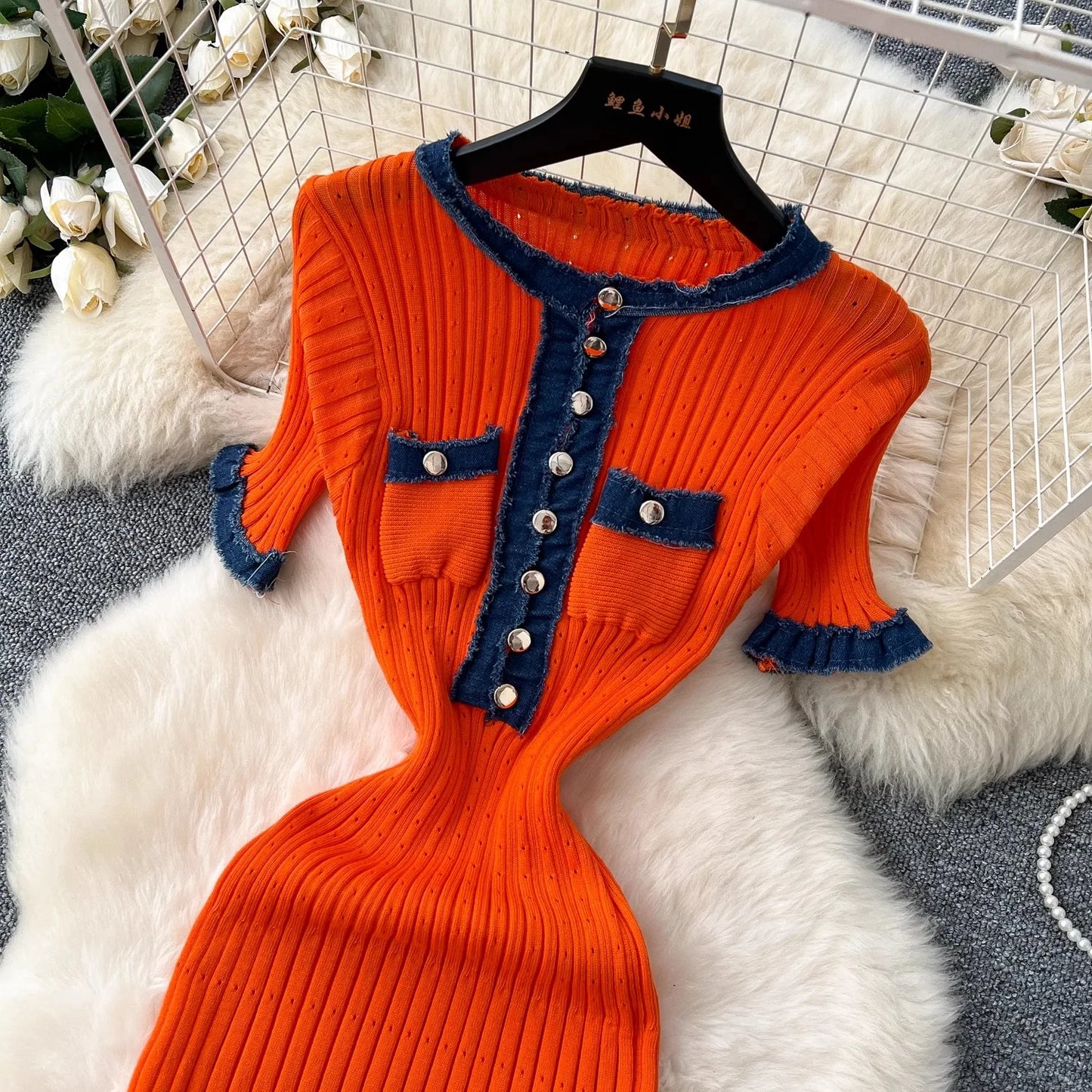 YuooMuoo Chic Mode Sexy Pakete Gestrickte Maxi Kleid Frühling Sommer Vintage Denim Patchwork Lange Pullover Kleid Dame Vestidos.