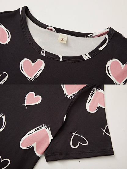 Damen New Style Pyjamas Kurzarm Top Herz Muster Shorts lässig elegante zweiteilige Home Wear.