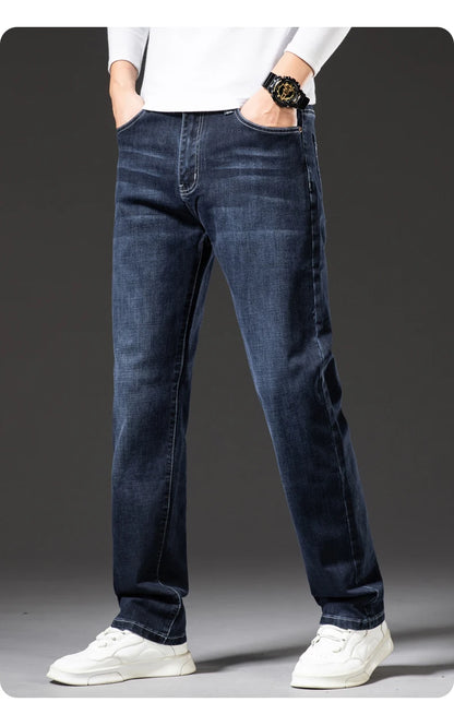Große Größe 40, 42, 44, 46, lockere, gerade Jeans für Herren, Herbst, neue Business-Casual-Stretchhose, klassische blaue Denim-Hose für Herren