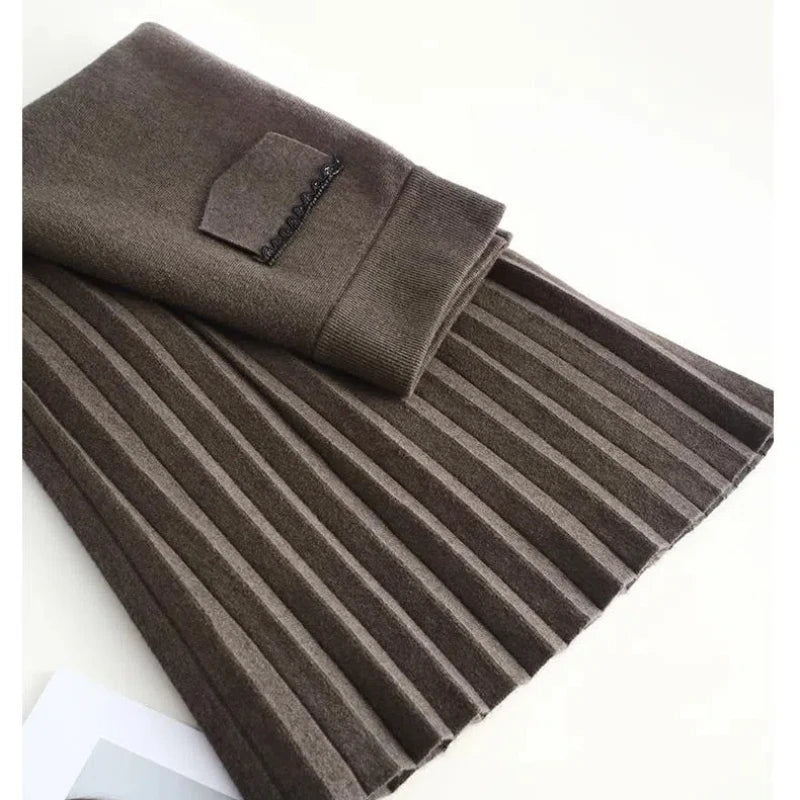 Temperament Autumn Winter New Skirts Women Solid High Waist Pleated Fashion Office Lady A-line Mid-length Knitting Pleated Skirt.