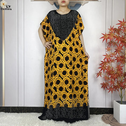 2024 New Muslim Women Dashiki Printed Dress Flower Diamonds Loose Dress With Big Scarf Islamic African Women Short Sleeve Abaya.