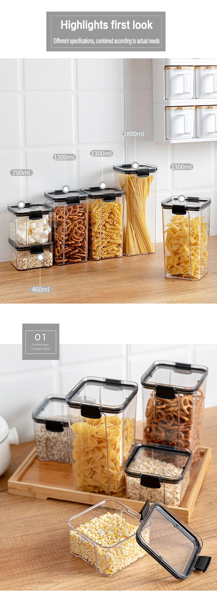 Dry Food Storage Box Food Containers Transparent Stackable Kitchen Spaghetti Noodles Sealed Tank Cans Organizers Bottles