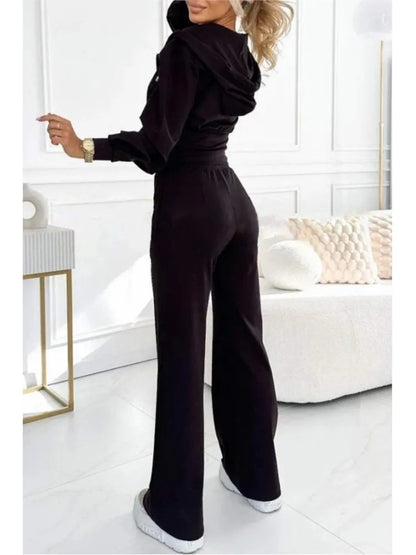 Autumn And Winter Hooded Zipper Jacket Tight Solid Color Two-piece Sets Women Fashion Casual New Wide Leg Pants 2 Piece Set.