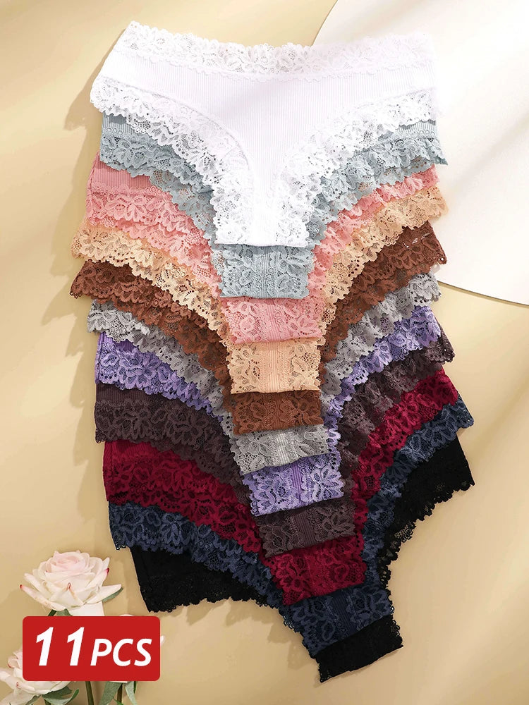 11PCS Women Lace Cotton Panties Seamless Brazilian Panties Sexy Low-Waist T-Back Bikini Female Breathable Underwear Lingerie.