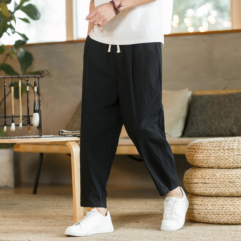 New Cotton Linen Mens Pants Casual Solid Color Breathable Streetwear Loose Straight Drawstring Baggy Lightweight Sport Pants.