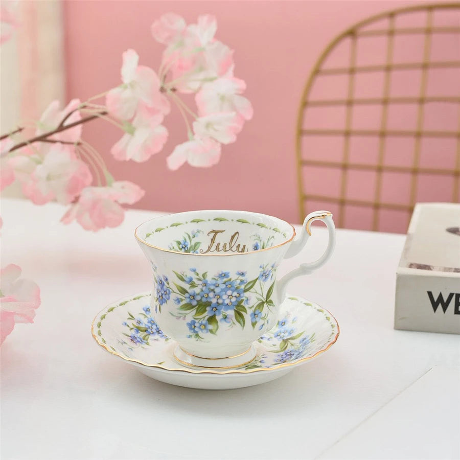Coffee Cup and Saucer Set Month Flower Mug Bone China Drinking Set Ceramic Cup and Saucer Home Teacup Dessert Saucer Gifts.