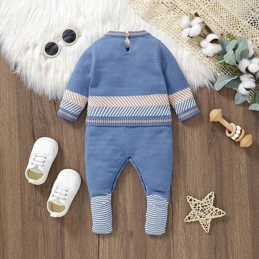 Baby Strampler Blau Langarm Stricken Neugeborenen Jungen Overalls Playsuits Herbst Winter Infant Unisex Outfits Ein Stück Kinder Kostüme.