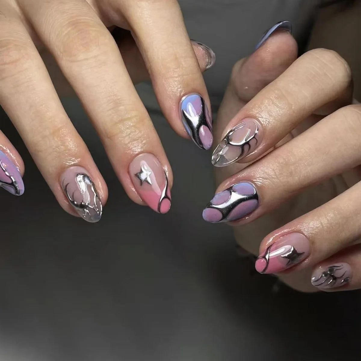 24Pcs Dark Press on Fake Nails with Black Glitter 3D Metallic Designs Sweet Cool Almond False Nails Detachable Nails Spice Girls