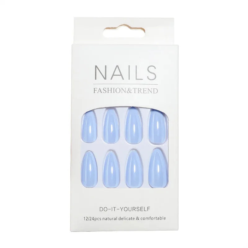 24pcs Blue Glossy Almond Press on Nails Long Girls Reusable Adhesive Artificial False Nails Cheap Acrylic Full Cover Nail Tips.