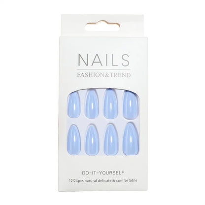 24pcs Blue Glossy Almond Press on Nails Long Girls Reusable Adhesive Artificial False Nails Cheap Acrylic Full Cover Nail Tips.