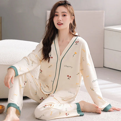 Herbst Winter Pyjamas Set für Frauen Kawaii Druck Nachtwäsche Anzug für Mädchen Mode Restlong Ärmel V-Ausschnitt Frau Pyjamas Set.