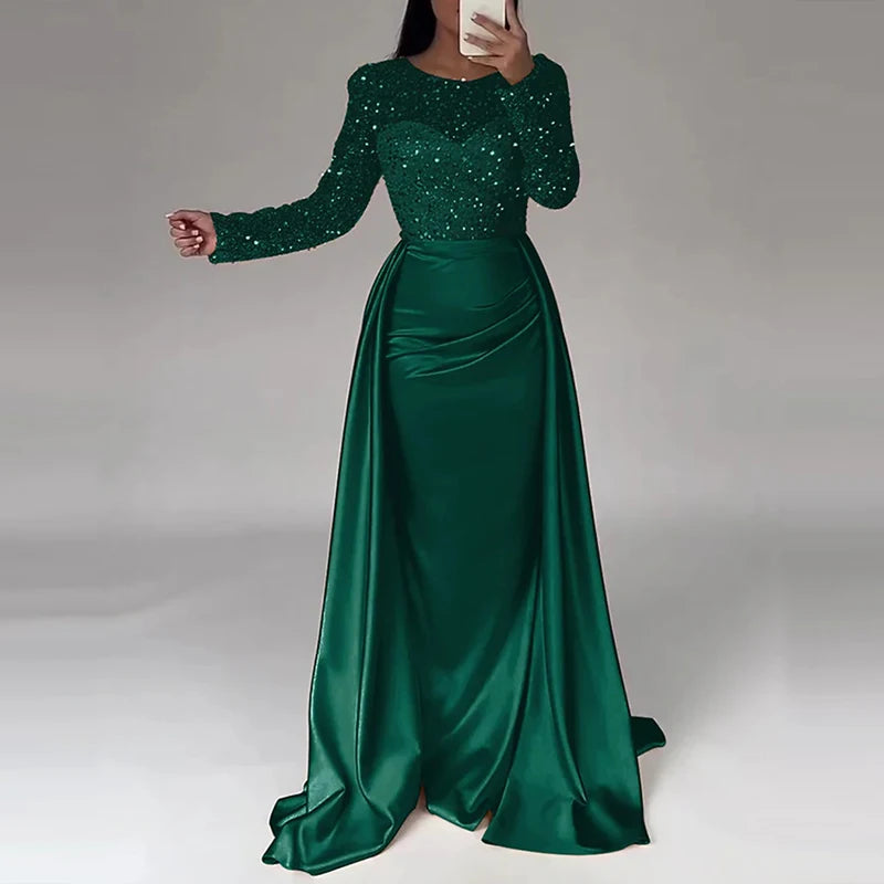 2024 neue Jahr Frauen Abendkleid Elegante Pailletten Patchwork Schlank Bankett Kleid Dame Temperament Lange Ärmeln Plissee A-line Kleid.