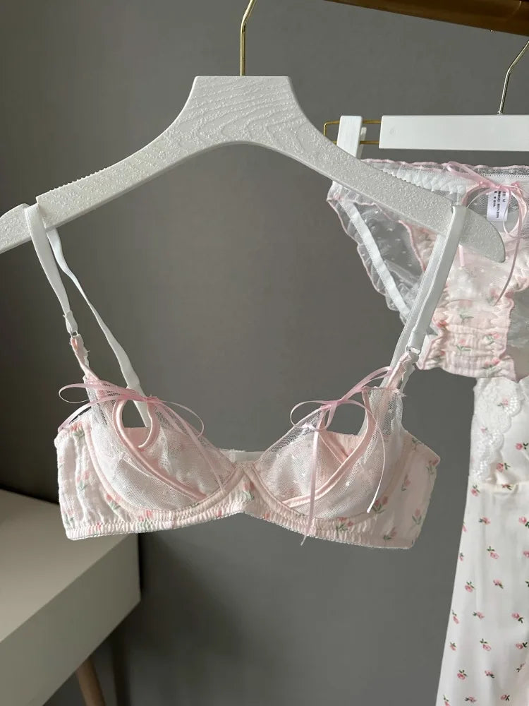 YUQI Kawaii Lace Bralette Set Japanese Floral Mesh Underwear Summer Ultra-Thin Lace-Up Cutout Romantic Bra 2024 New Kawaii set.