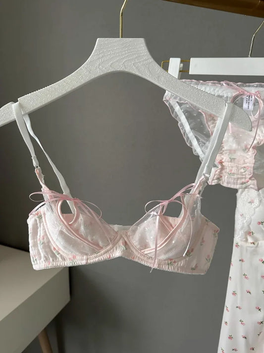 YUQI Kawaii Lace Bralette Set Japanese Floral Mesh Underwear Summer Ultra-Thin Lace-Up Cutout Romantic Bra 2024 New Kawaii set.