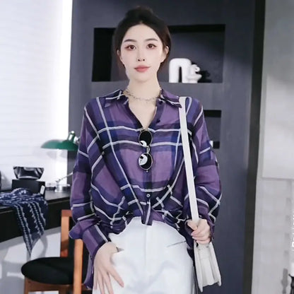 Elegant Twist Design Long Sleeve Shirt Polo Collar Checkered Slim Fit Versatile Top.