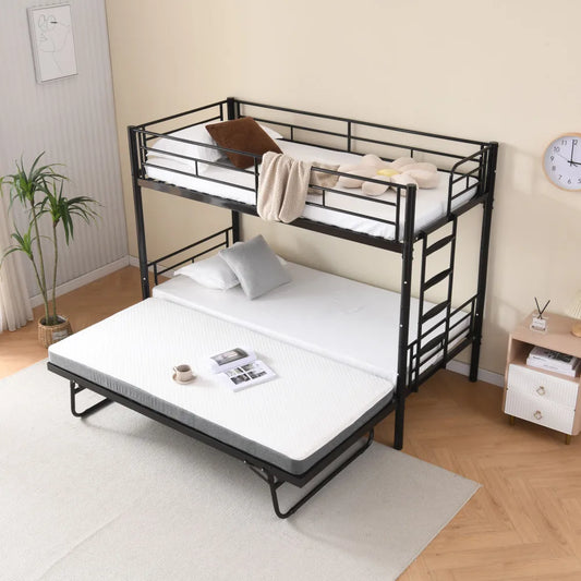Etagenbett aus Metall, 90 x 200 cm, Etagenbett mit ausklappbarem Bett, erweiterbar auf zwei Einzelbetten oder Erwachsenenbetten, Schwarz