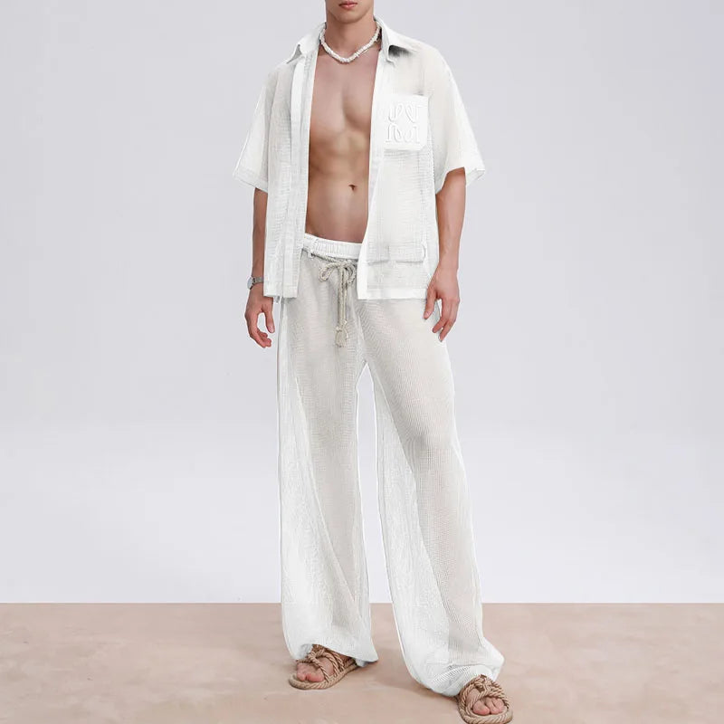 INCERUN Men Sets Mesh Patchwork See Through Sexy Short Sleeve Shirts & Pants Two Pieces Sets Streetwear 2025 Men's Casual Suits.