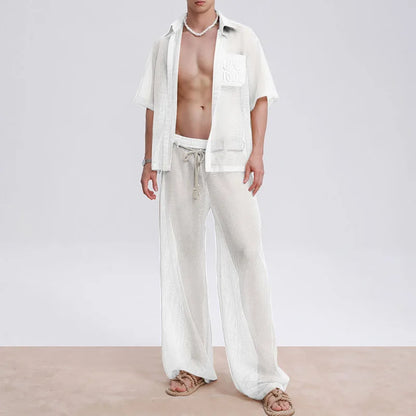 INCERUN Men Sets Mesh Patchwork See Through Sexy Short Sleeve Shirts & Pants Two Pieces Sets Streetwear 2025 Men's Casual Suits.